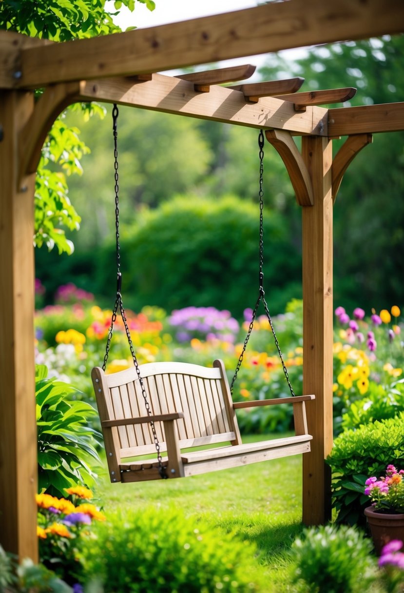 A garden swing hangs under a wooden arbor surrounded by lush greenery and colorful flowers