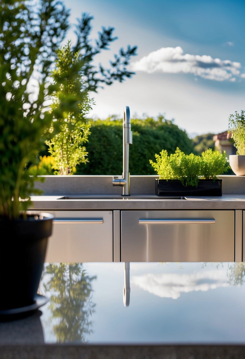 A sleek outdoor kitchen with a water-saving herb garden