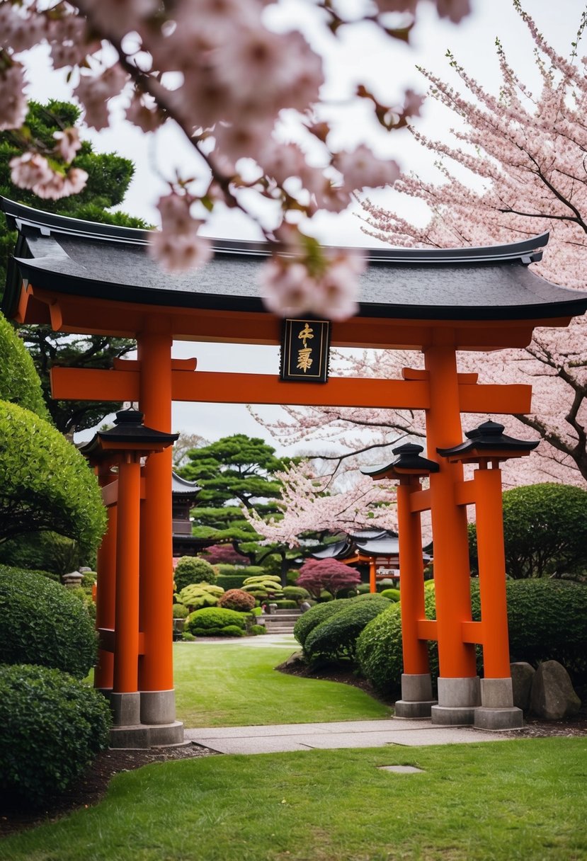 A traditional Japanese torii gate stands at the entrance of a serene garden, surrounded by lush greenery and blooming cherry blossom trees