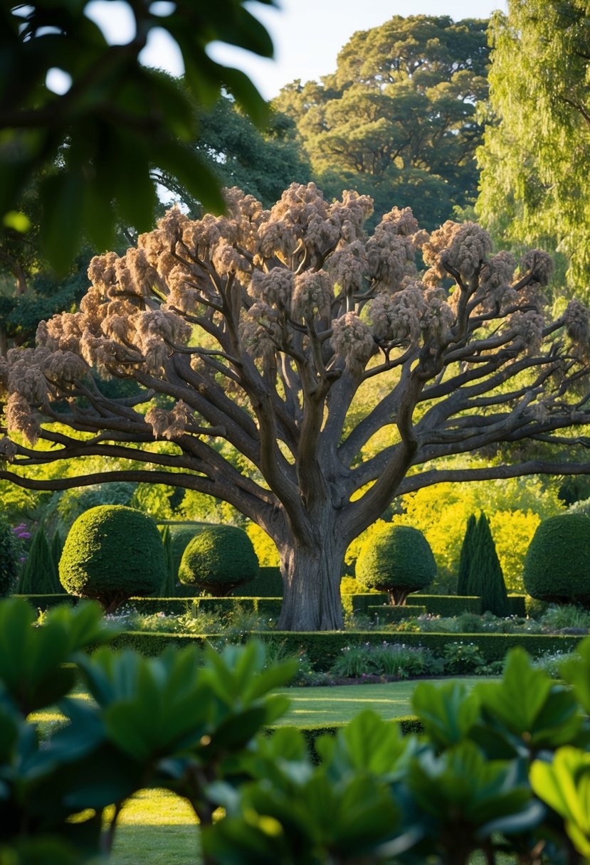 A sprawling walnut tree stands in a lush garden filled with numerous other trees