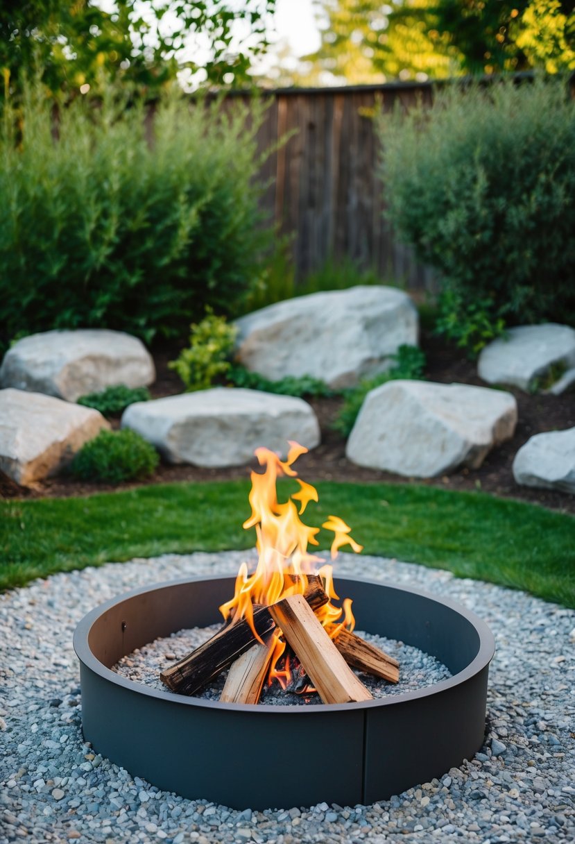 A backyard fire pit surrounded by a DIY gravel base, nestled in a natural setting with rocks and greenery