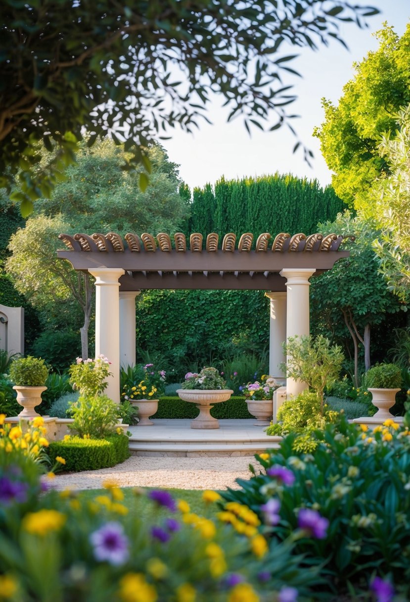 A serene garden with a Mediterranean-style pergola, surrounded by lush greenery and vibrant flowers, creating a peaceful and inviting paradise