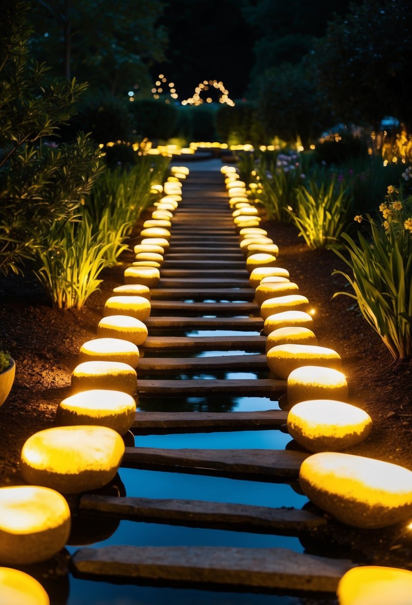 Glowing stones lead through a garden with 25 ponds, all lit up at night