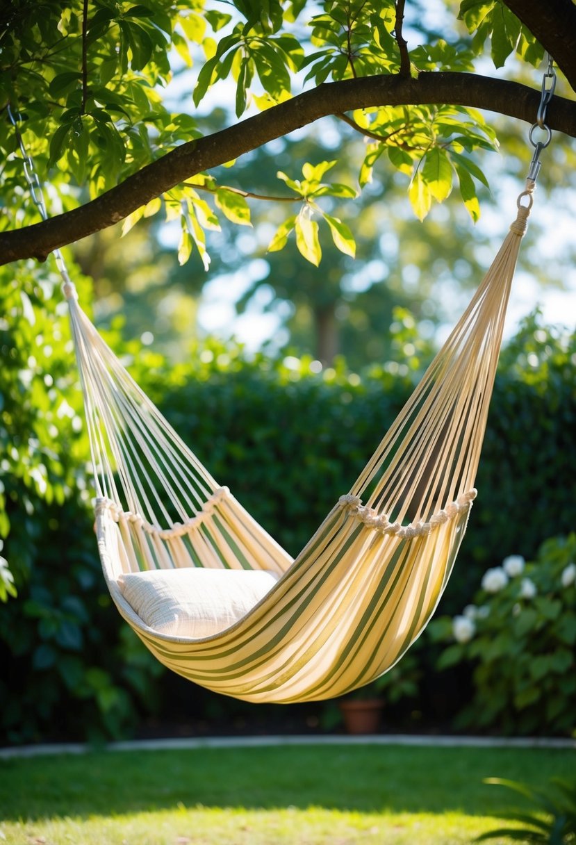 A cozy hammock suspended between two trees in a lush garden setting, with dappled sunlight filtering through the leaves