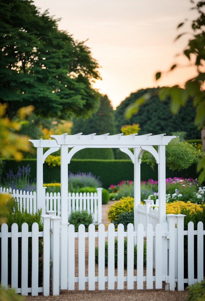 A white picket fence arbor surrounded by 32 gardens with arches