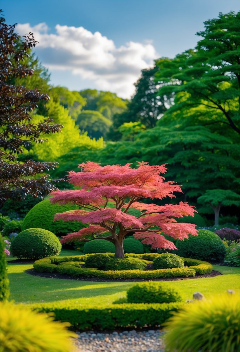 A tranquil garden with a vibrant Japanese Maple surrounded by lush green trees