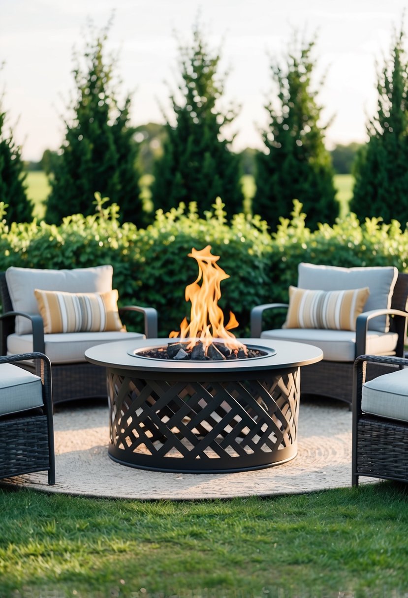 A backyard with a Sunnydaze Crossweave Fire Pit surrounded by cozy seating, with lush greenery and a clear sky in the background