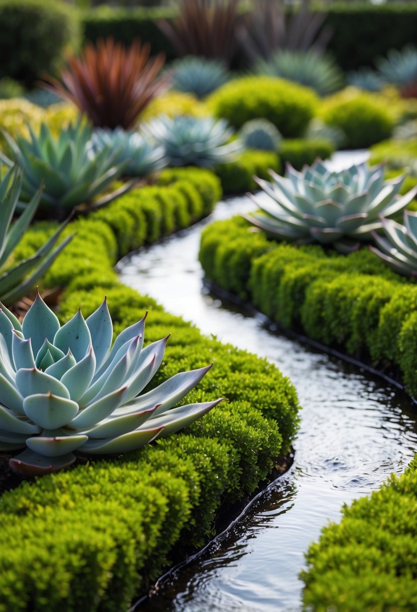 A lush succulent garden with gentle water streams winding through 27 different garden plots