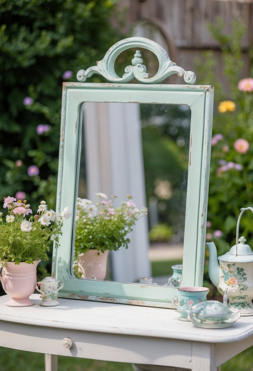 A weathered pastel garden mirror reflects a charming, shabby chic outdoor space with delicate flowers and vintage decor