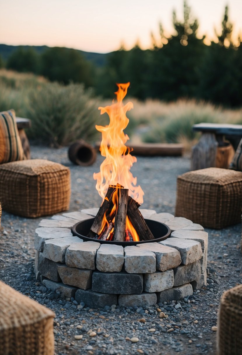 A stone fire ring surrounded by rustic elements in a natural outdoor setting