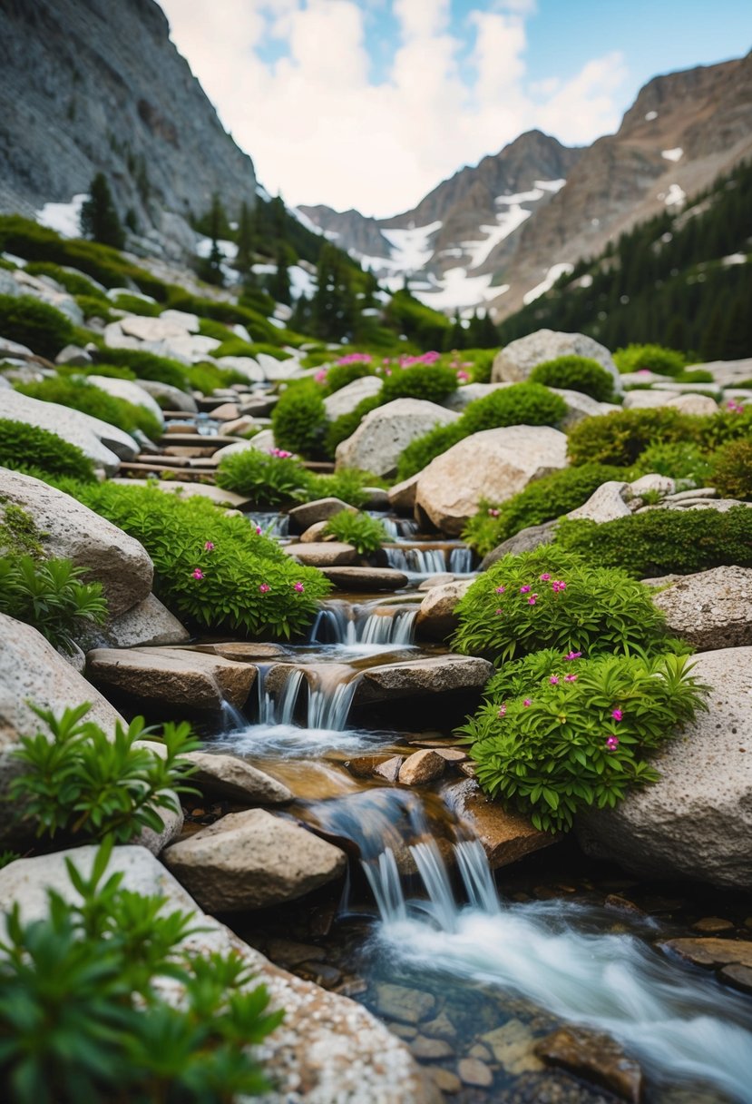 An alpine rock garden with 27 streams flowing through the mountainous terrain
