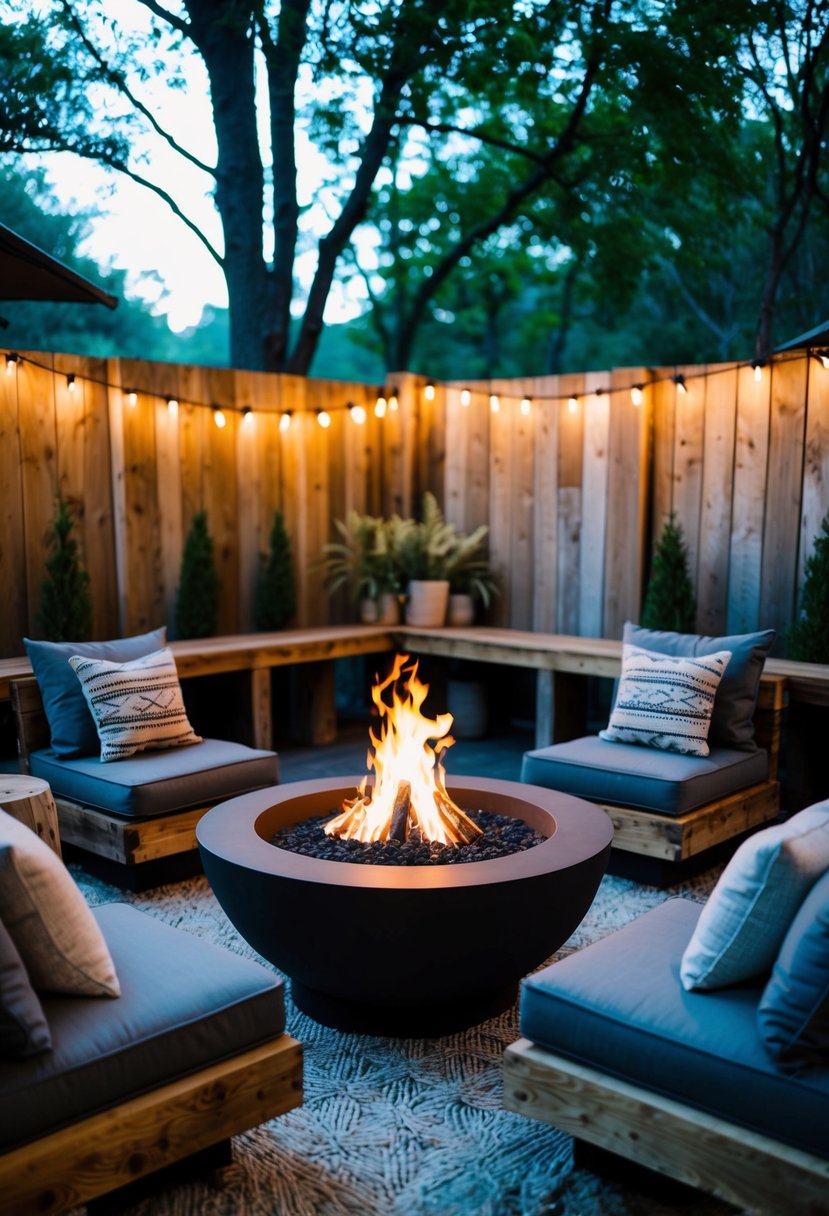 A cozy outdoor space with a fire pit surrounded by reclaimed wood accents, nestled in a natural setting
