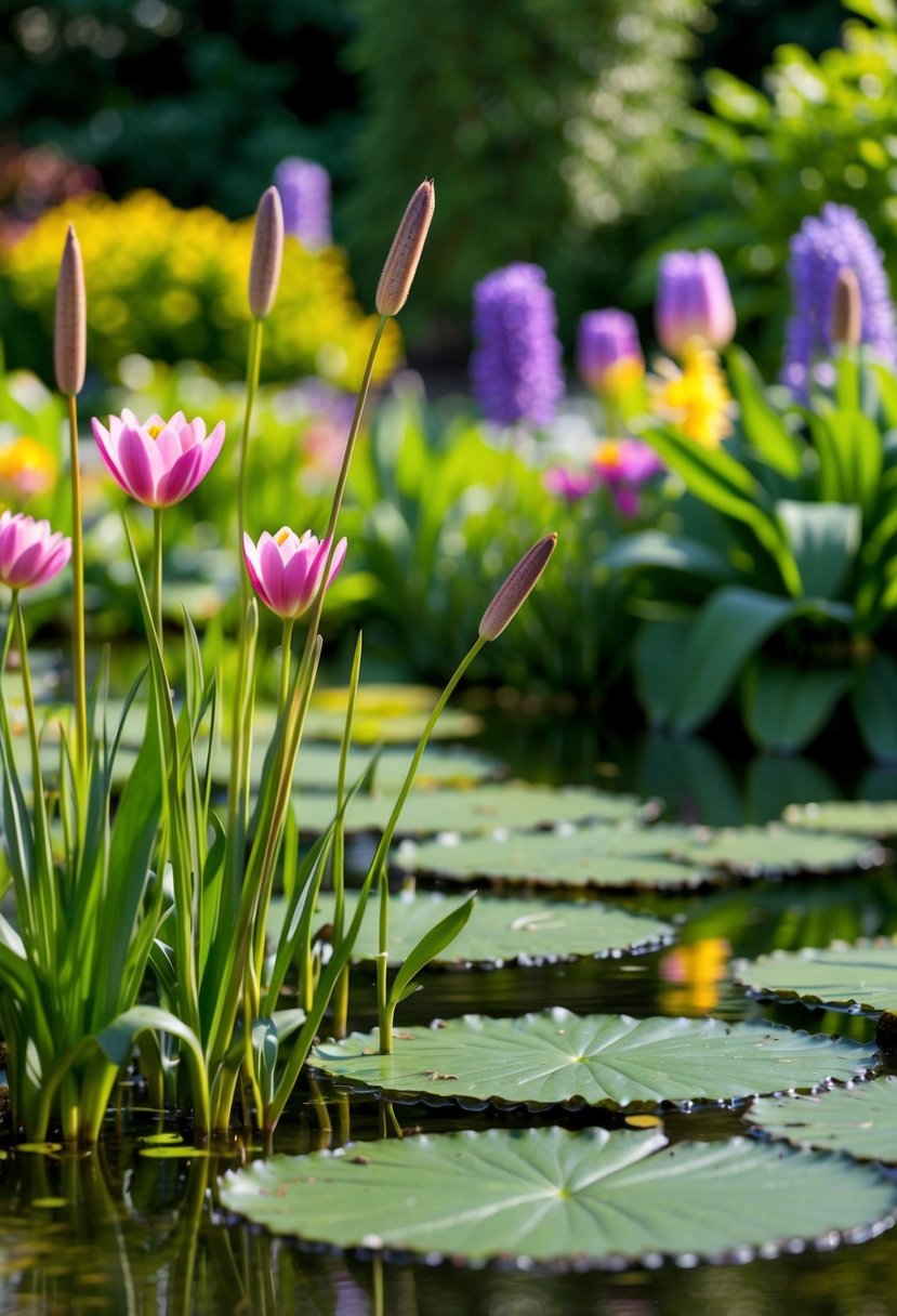 A tranquil garden pond with cattails and lily pads amid lush greenery and colorful flowers