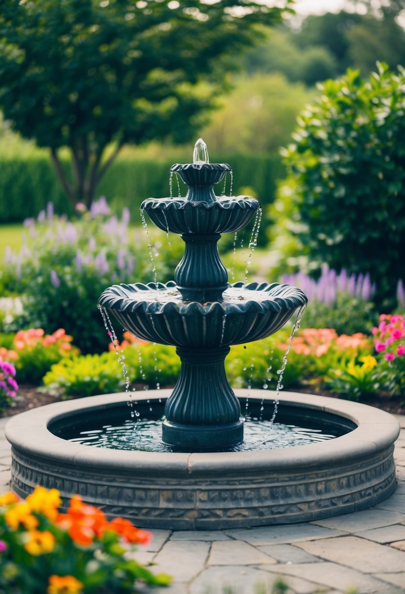 A tranquil patio with a decorative water fountain surrounded by lush greenery and colorful flowers