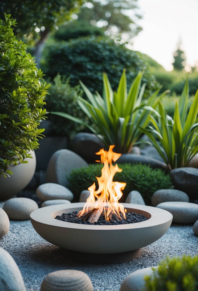 A serene zen garden with a natural fire pit surrounded by carefully arranged stones and lush greenery