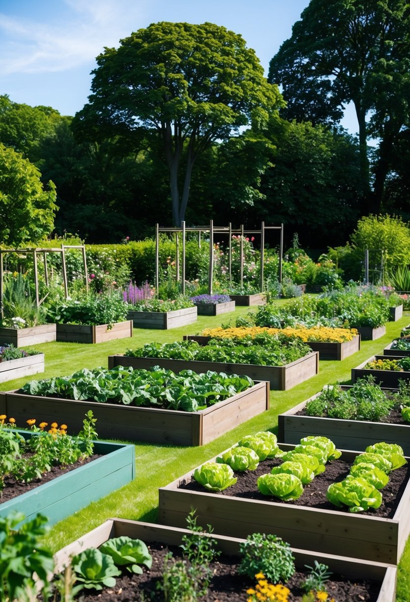 A lush garden with 35 raised beds of various sizes and shapes, filled with vibrant flowers, vegetables, and herbs. Tall trees and a clear blue sky in the background