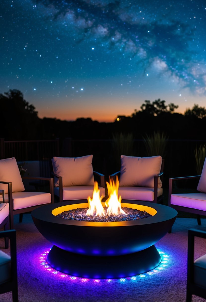 A modern fire pit with multicolored LED lights, surrounded by sleek outdoor furniture and set against a backdrop of a starry night sky
