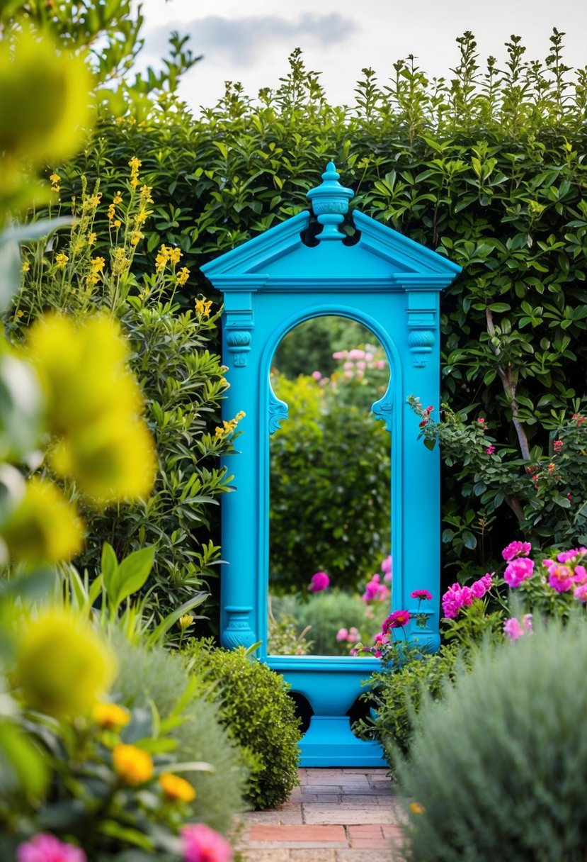A tranquil garden with a vibrant blue Mediterranean-style mirror as the focal point, reflecting the lush greenery and colorful blooms around it
