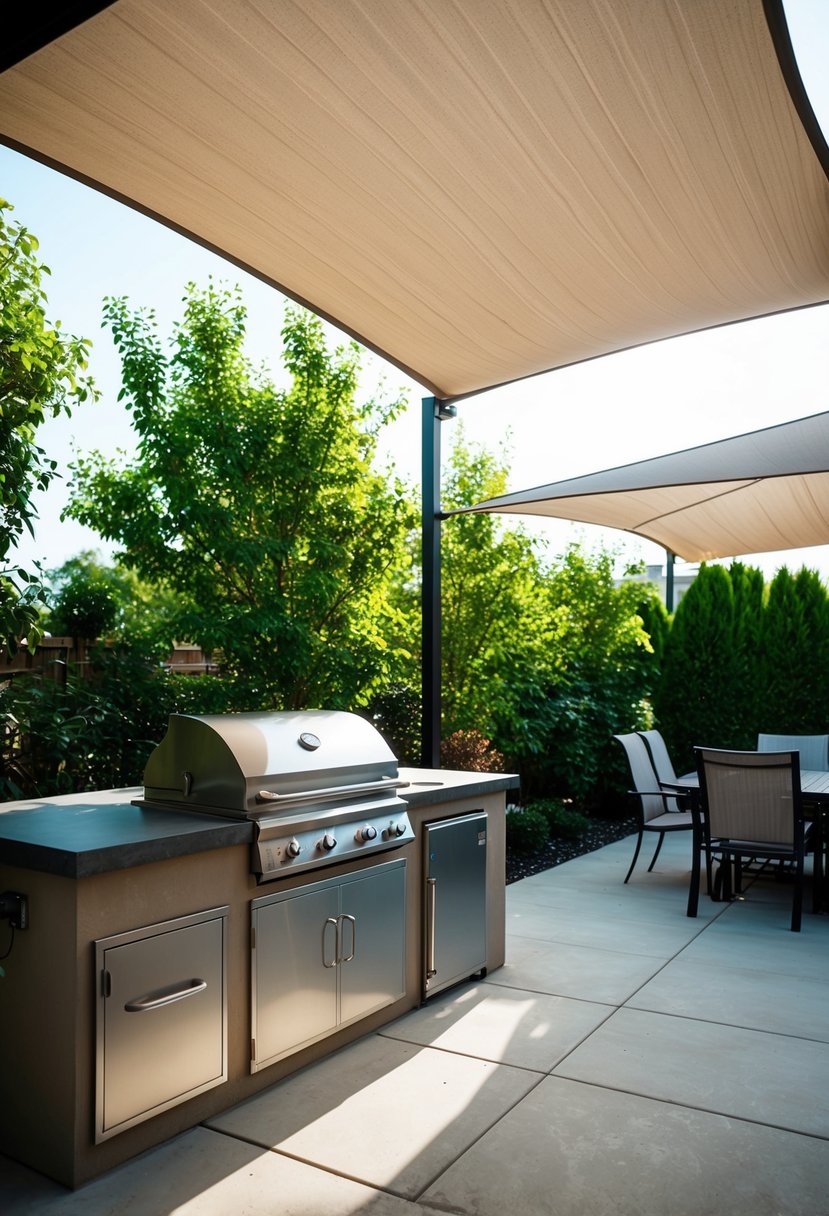 A patio with a BBQ area covered by movable shade sail canopies