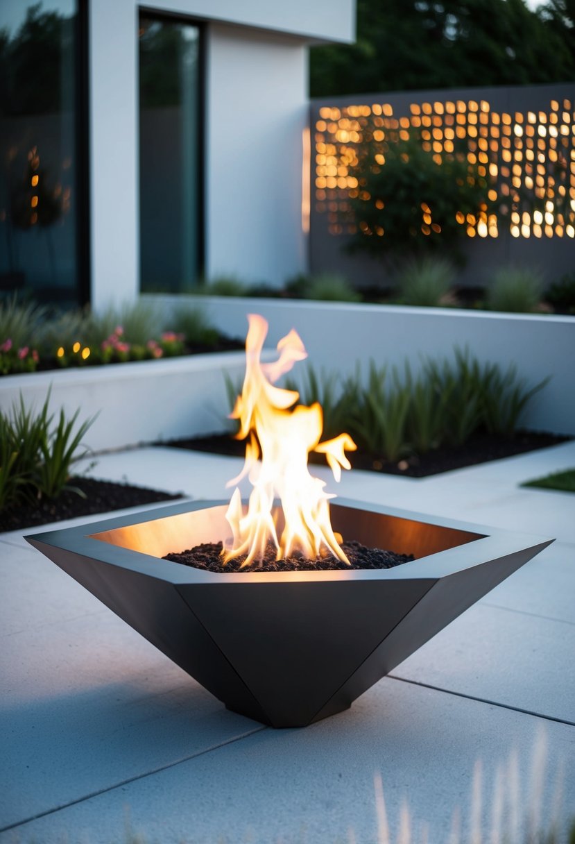 A sleek, geometric metal fire pit sits in a modern outdoor setting, surrounded by clean lines and contemporary landscaping