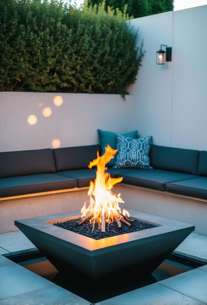 A sunken fire pit surrounded by modern seating area with clean lines and minimalist design