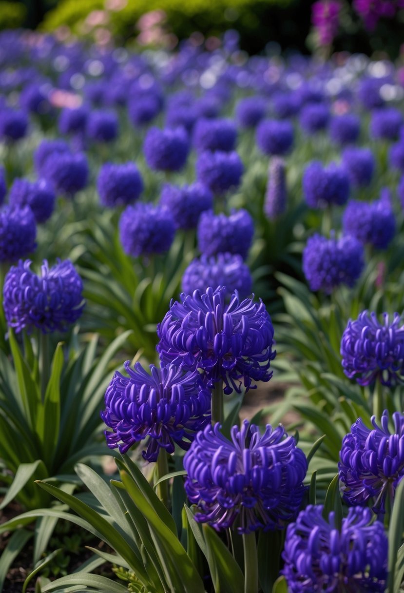 A lush garden filled with vibrant Agapanthus 'Black Pantha' flowers in full bloom, creating a sea of rich purple and blue hues