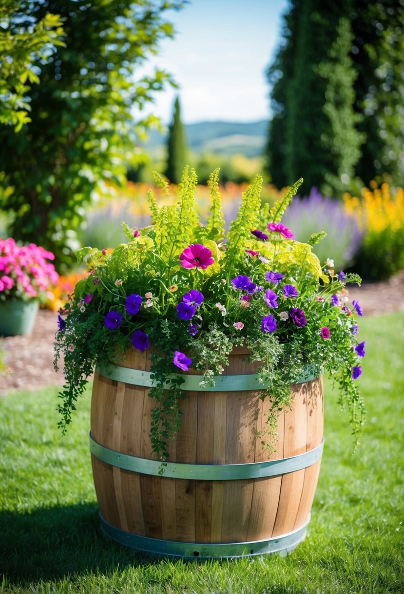 A wooden wine barrel planter overflowing with vibrant flowers and greenery, surrounded by a lush garden landscape