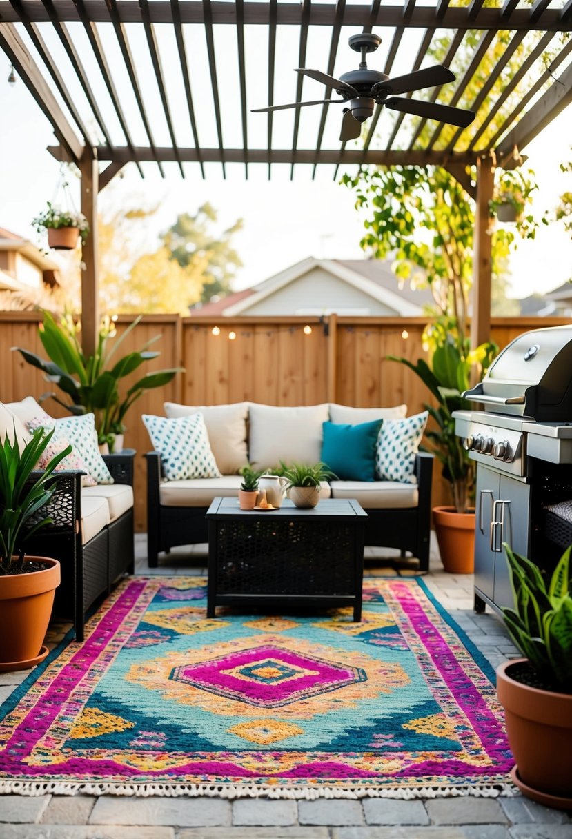 A colorful outdoor rug lies beneath a patio BBQ area, surrounded by potted plants and comfortable seating, creating a cozy and inviting atmosphere