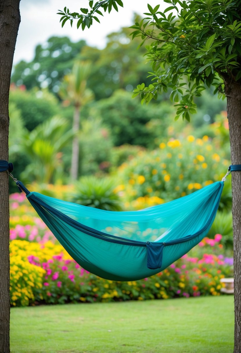 A hammock suspended between two trees with a detachable mosquito net, surrounded by a lush garden with colorful flowers and greenery