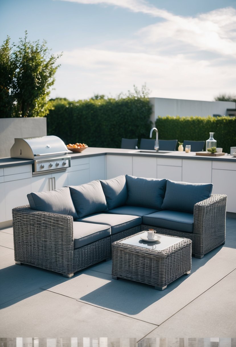 A modern rattan sectional sofa set in an outdoor kitchen with sleek design and minimalistic decor