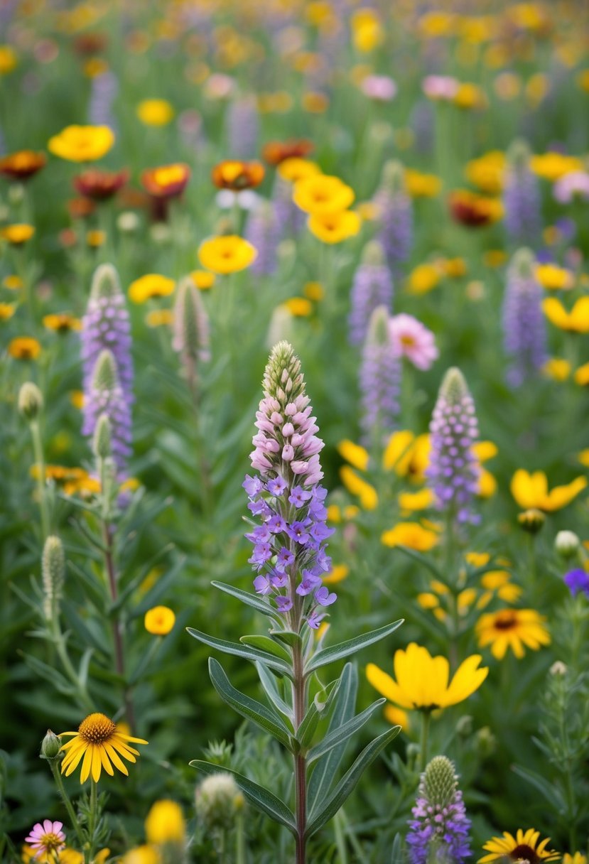 A field of prairie dock flowers in full bloom with a variety of wildflowers scattered throughout the garden