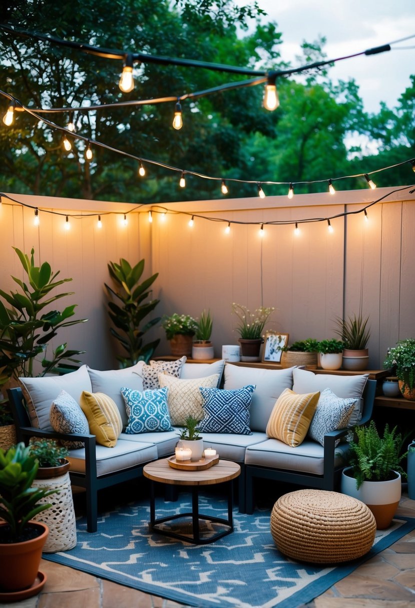A cozy outdoor patio with a variety of accent pillows arranged on comfortable seating, surrounded by potted plants and string lights