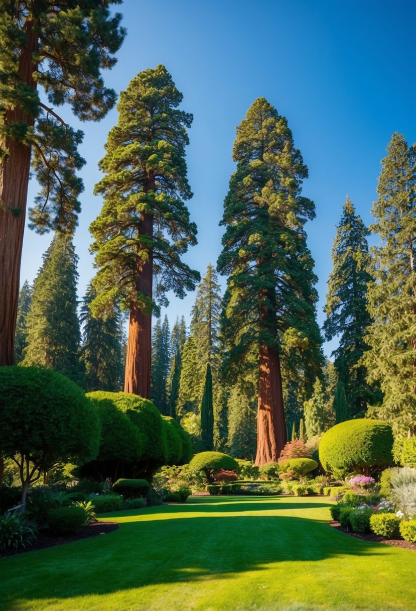 A lush garden filled with towering sequoia trees and vibrant greenery