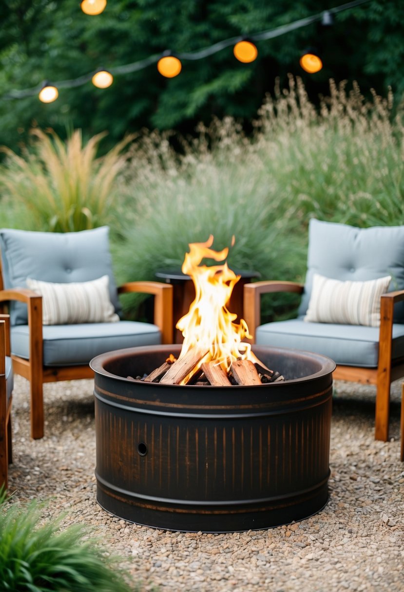 A steel drum fire pit surrounded by rustic outdoor seating and natural landscaping