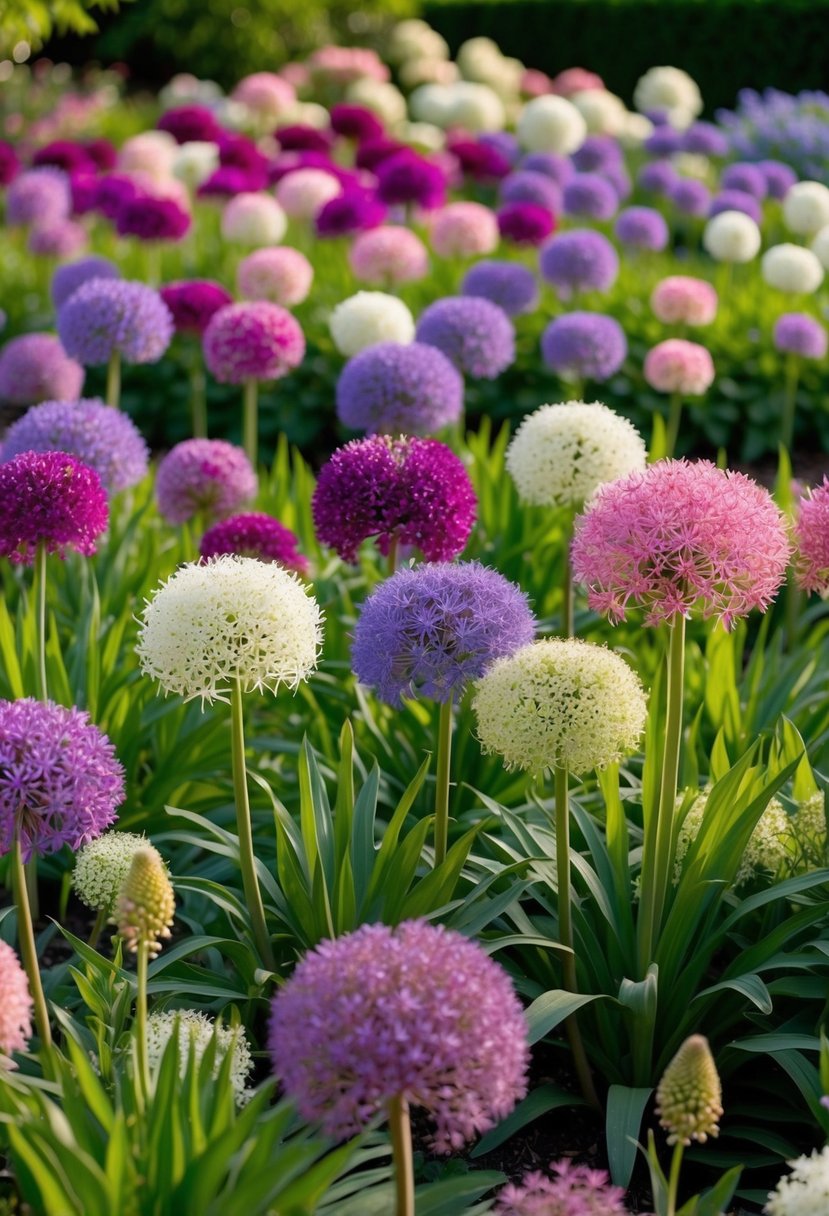 A lush garden filled with vibrant Allium flowers in various shades of purple, pink, and white, creating a stunning display of natural beauty