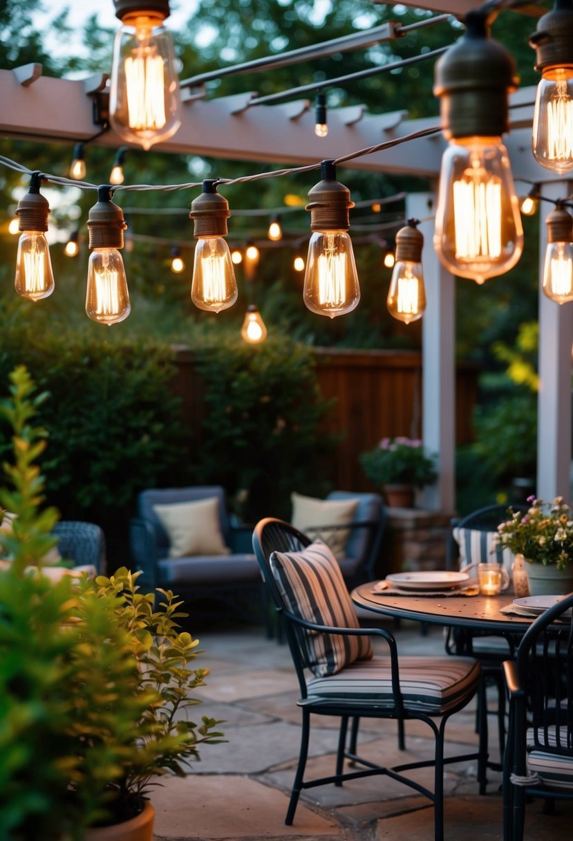 A cozy garden patio adorned with vintage Edison bulbs, casting a warm and inviting glow over the outdoor space