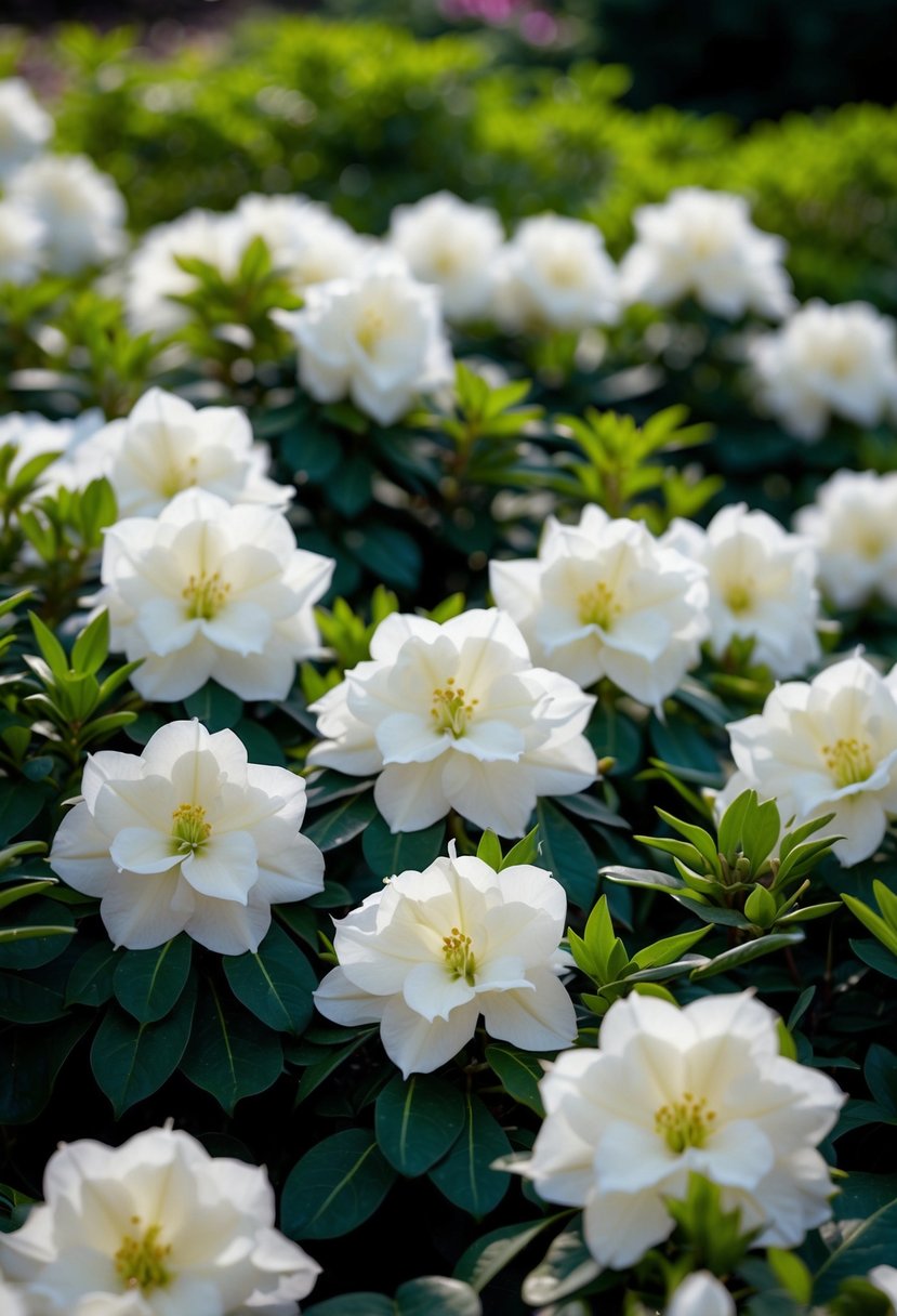 A lush garden filled with 'Gumpo White' azaleas in full bloom, creating a vibrant display of white flowers against a backdrop of green foliage