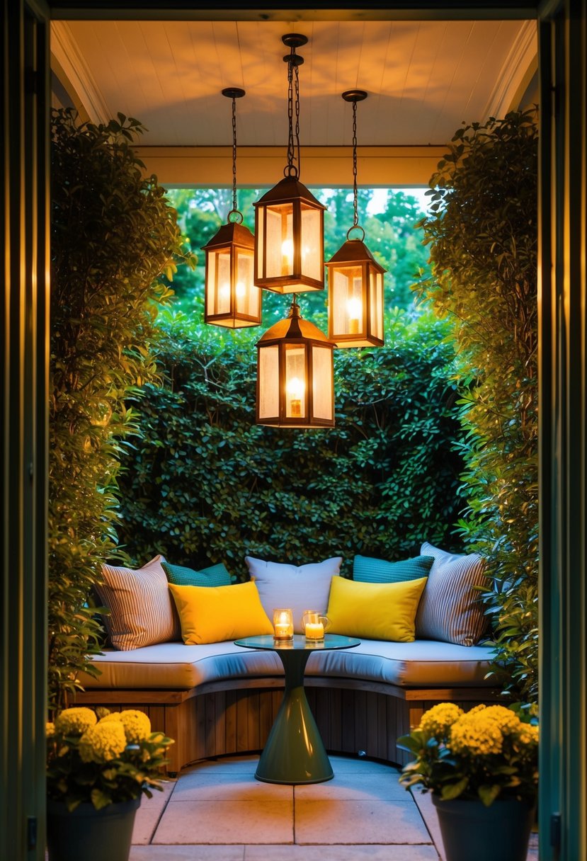 A cozy garden nook with hanging lanterns casting a warm glow over lush greenery and comfortable seating