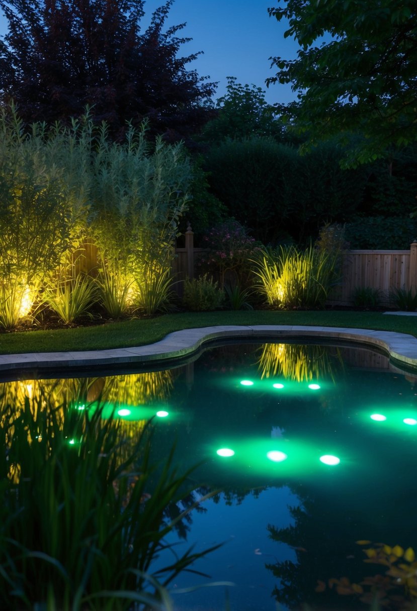 A pond with underwater LED lights illuminating the garden at night