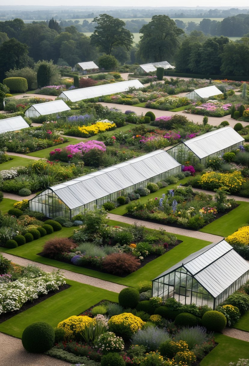 A sprawling landscape with 28 gardens filled with various plants and flowers, each accompanied by its own greenhouse