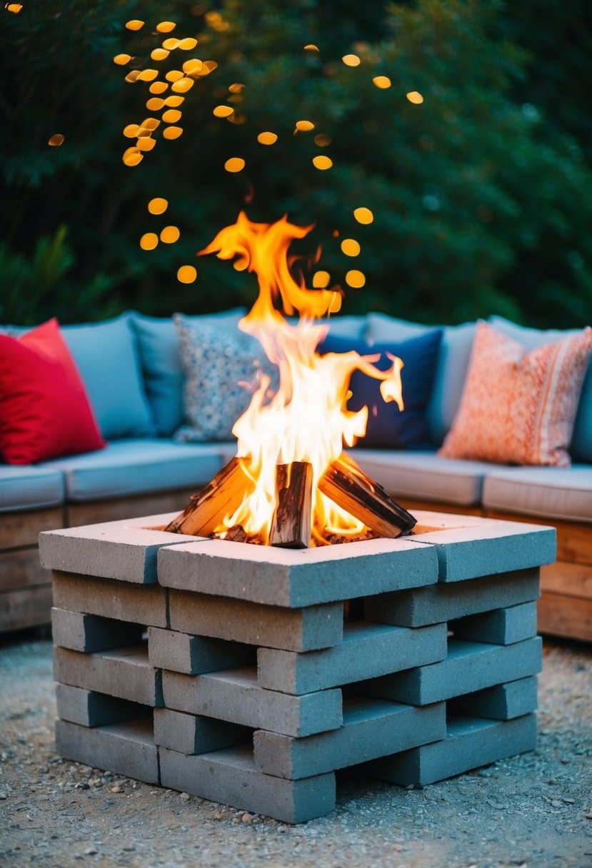 A rustic fire pit made of stacked cinder blocks, surrounded by a cozy seating area and illuminated by the warm glow of the flames