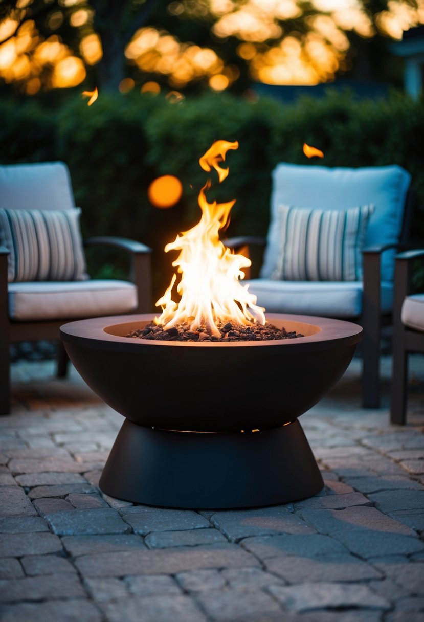 A small fire pit surrounded by outdoor seating, with flames flickering and casting a warm glow in the evening