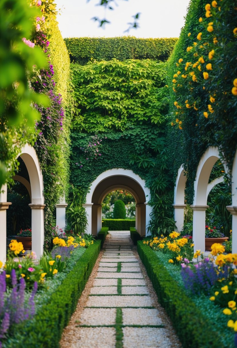A lush garden with 32 arched pathways, each leading to a different section filled with vibrant flowers and greenery