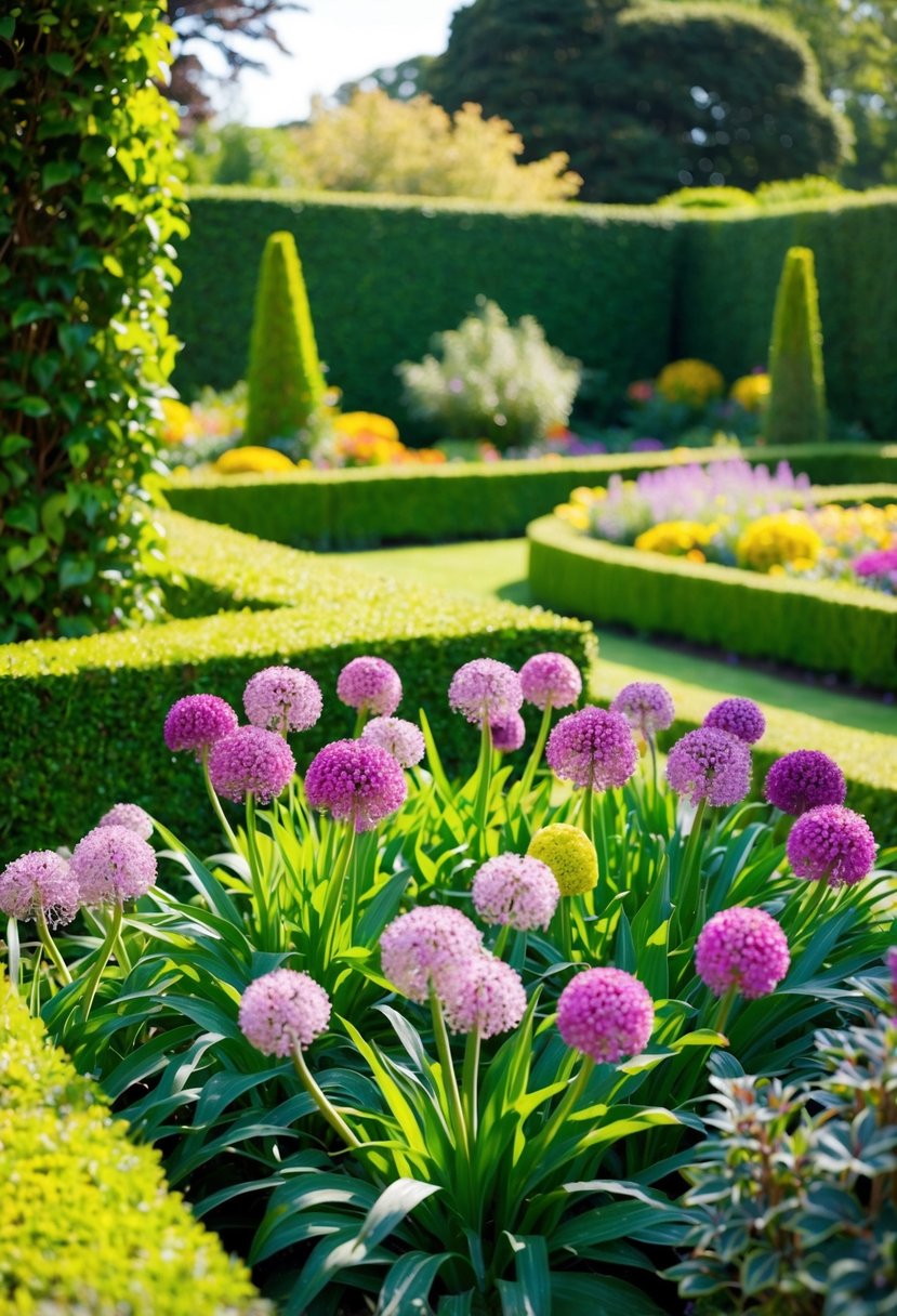 A lush garden filled with vibrant allium flowers, surrounded by neatly trimmed hedges and colorful foliage
