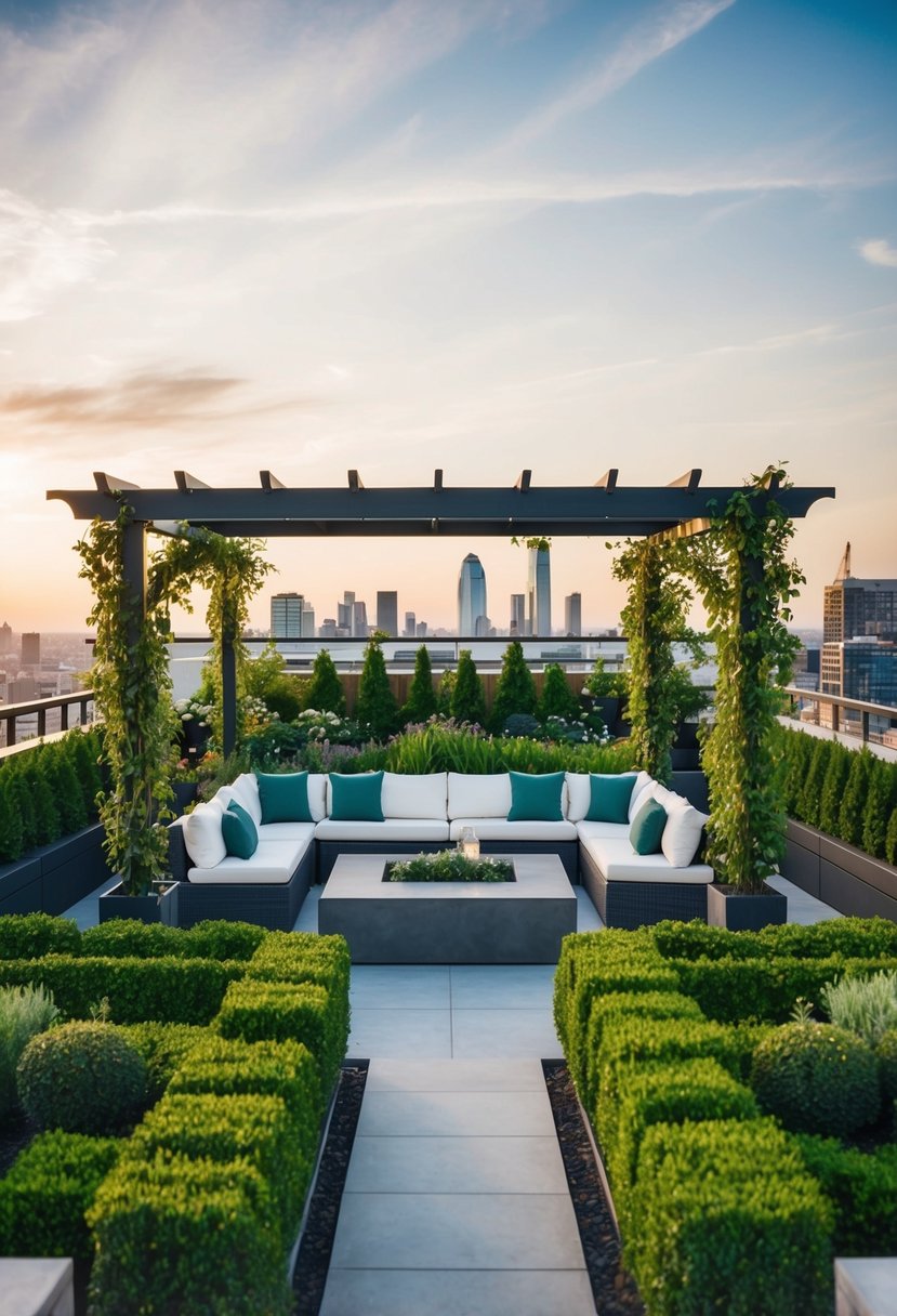 A chic city rooftop garden with a pergola surrounded by 43 lush gardens