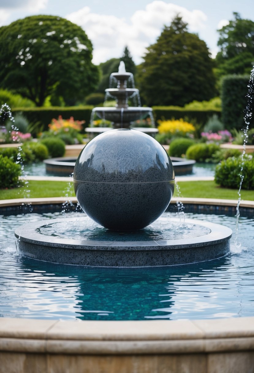 A serene garden with a large granite sphere fountain surrounded by 39 different water features