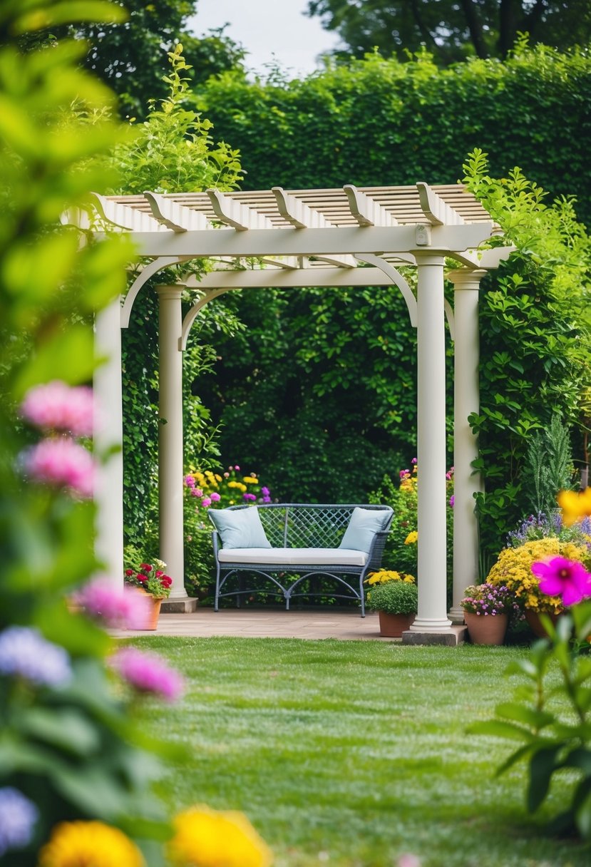 A serene garden with a charming pergola surrounded by lush greenery and colorful flowers