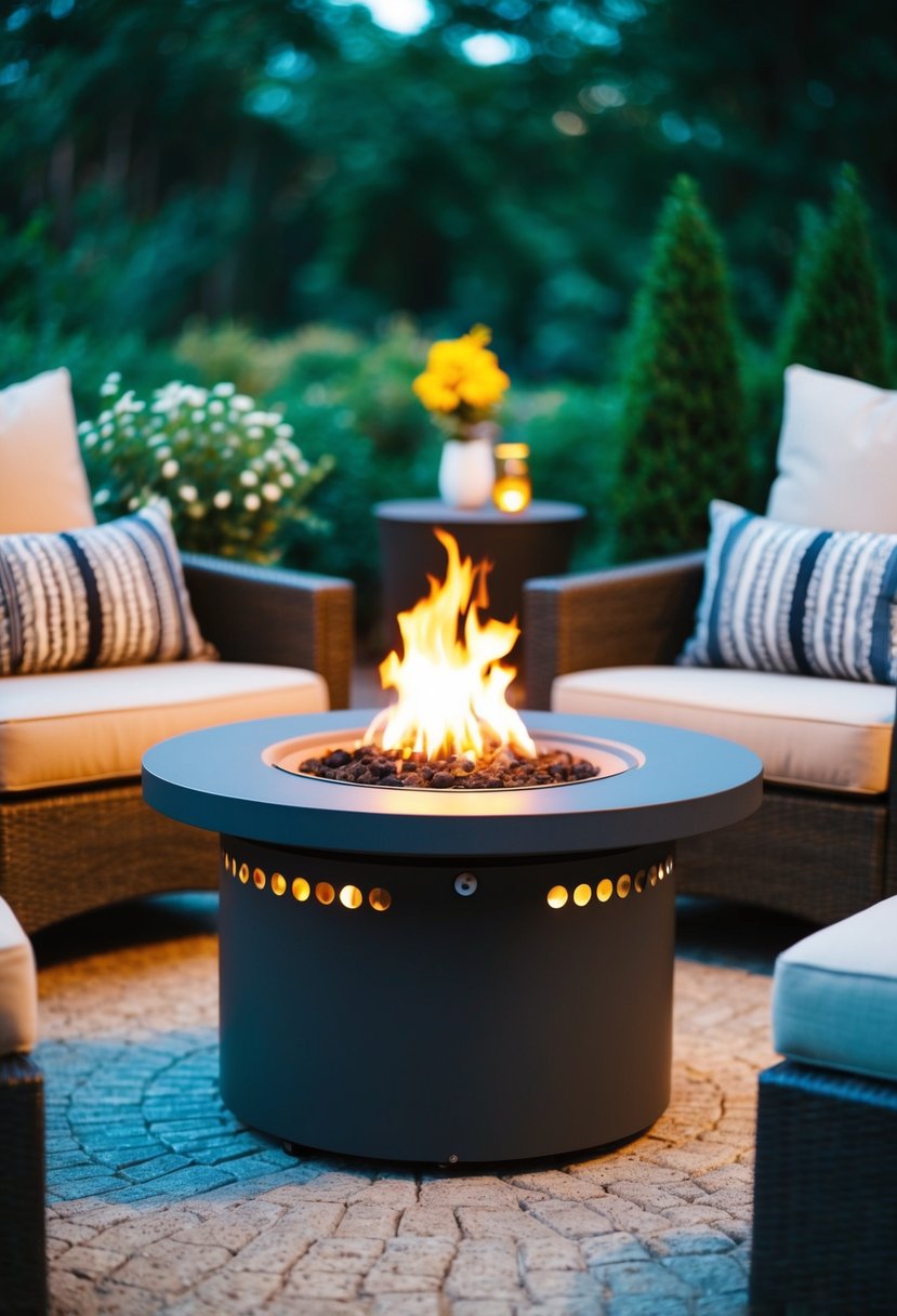 A cozy outdoor setting with a small propane fire pit surrounded by comfortable seating and ambient lighting