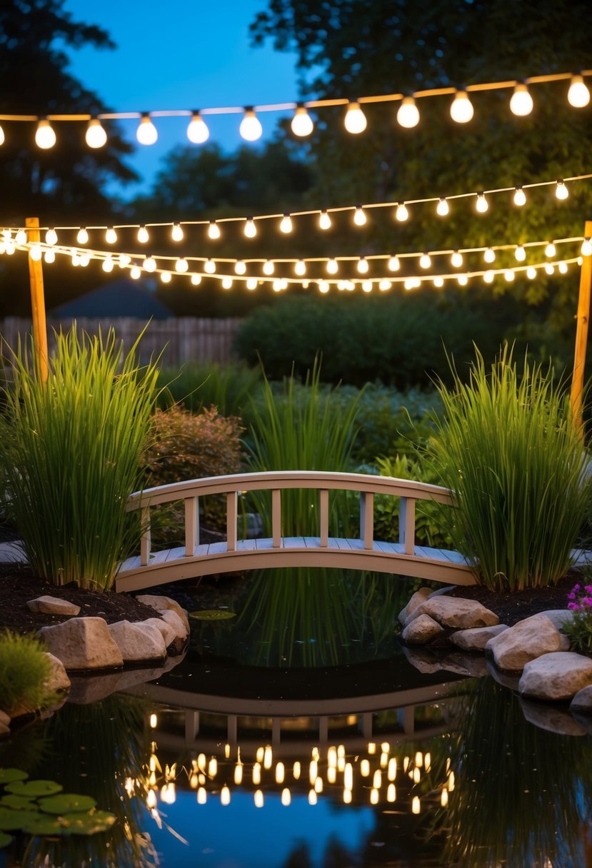 String lights illuminate 25 garden ponds at night, casting a warm glow over a pond bridge