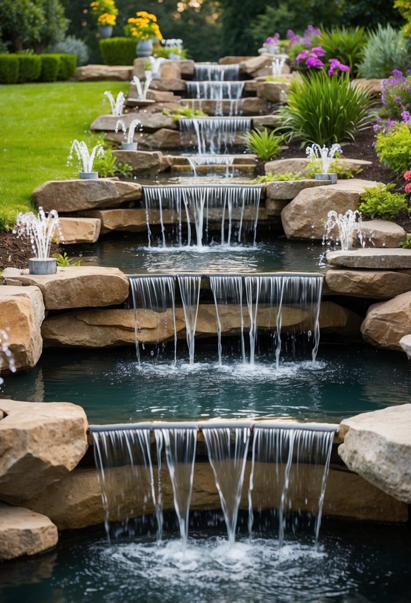 A cascading rock waterfall flows into 32 garden ponds, each adorned with fountains of varying heights